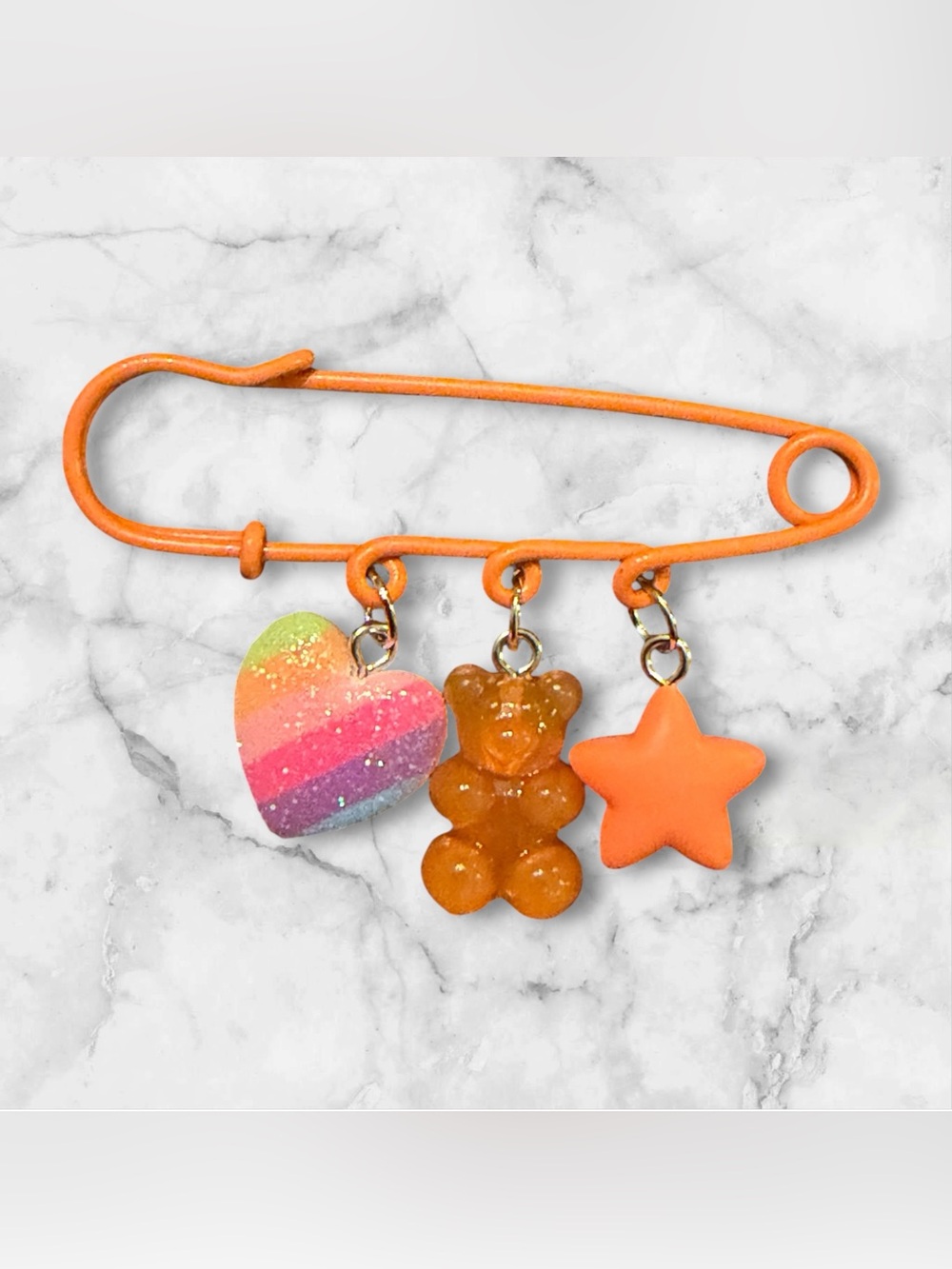Orange Safety Pin Charm Brooch with Rainbow Heart, Gummy Bear & Star